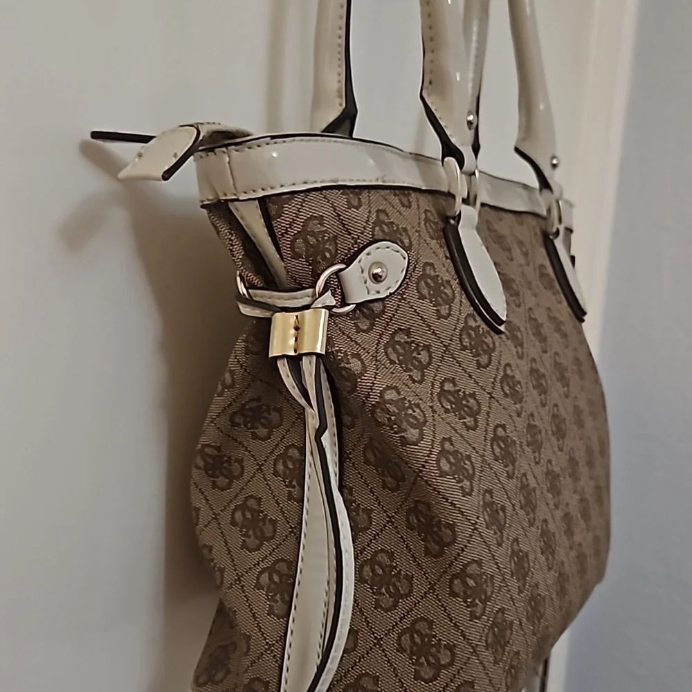 VTG GUESS 1990s Brown Cream Trim Logo Monogram Reama Tote Bag